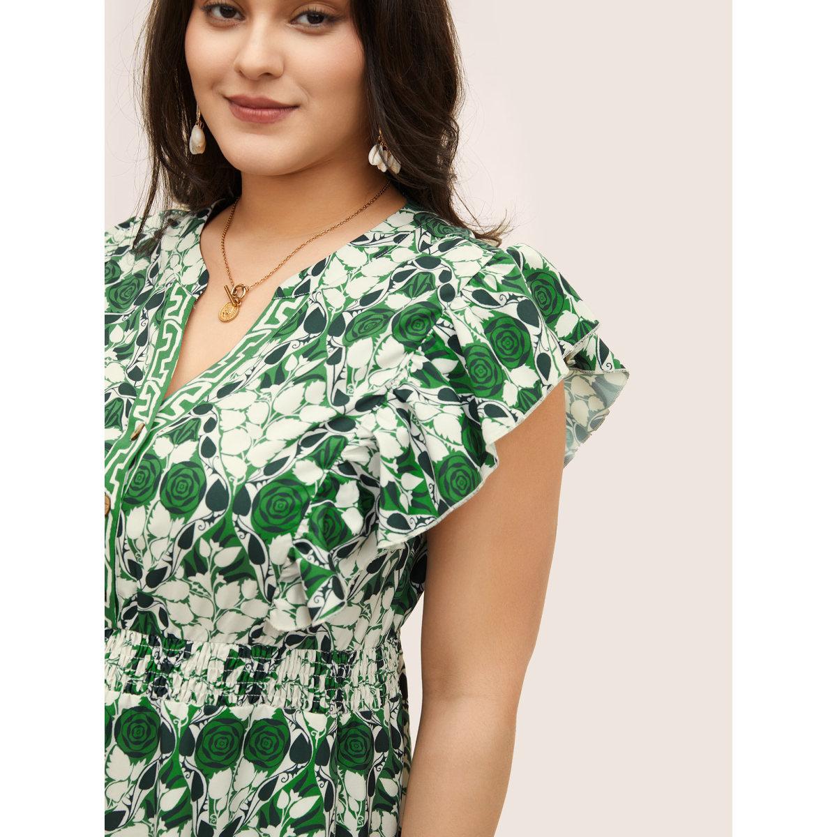 Plus Size Boho Print Ruffles Shirred Pocket Elastic Waist Dress Green Women Boho Non Notched collar Cap Sleeve Curvy Midi Dress BloomChic 12/L Product Image