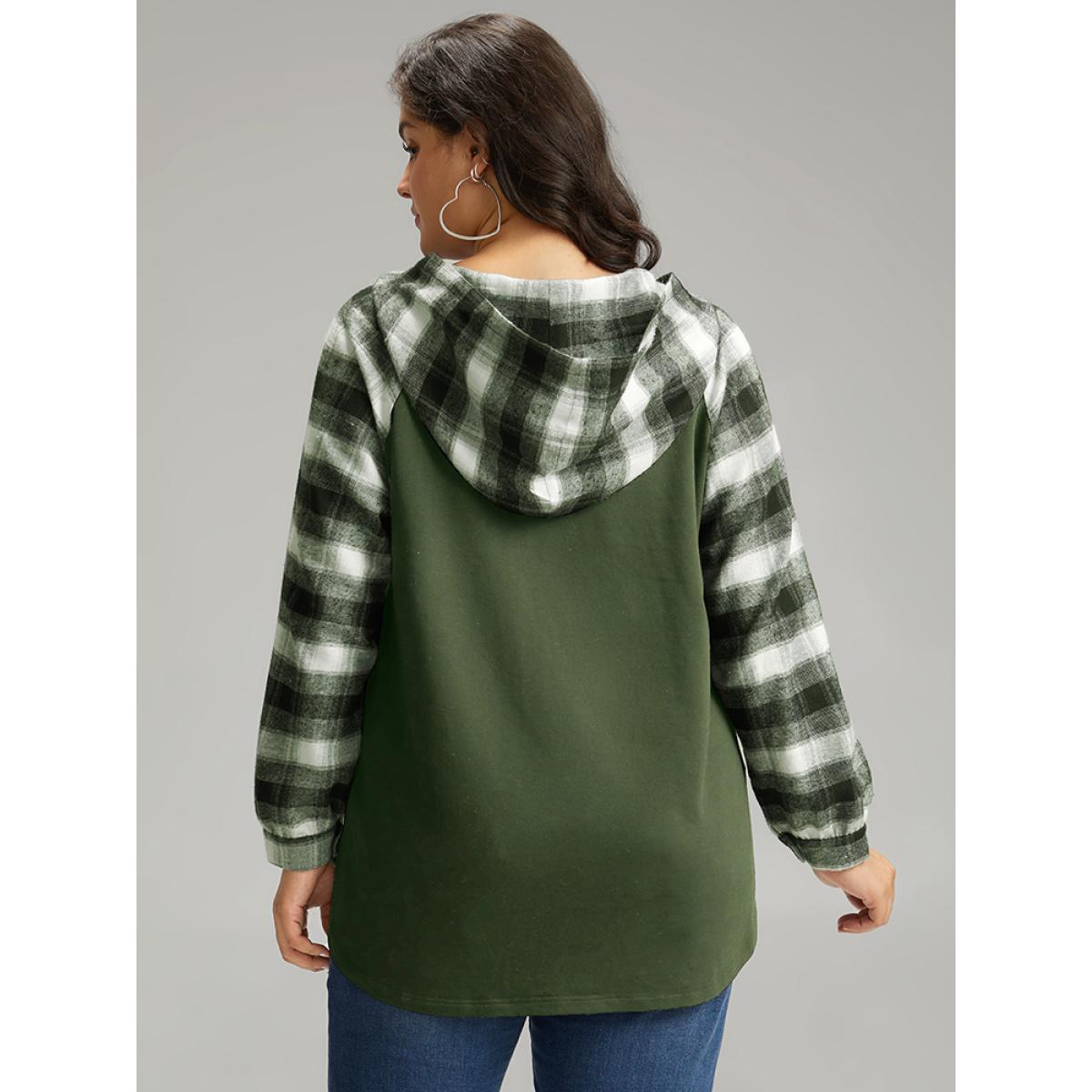 Plus Size Plaid Print Hooded Patchwork Sweatshirt Women ArmyGreen Casual Patchwork Hooded Everyday Sweatshirts BloomChic 30/6X Product Image