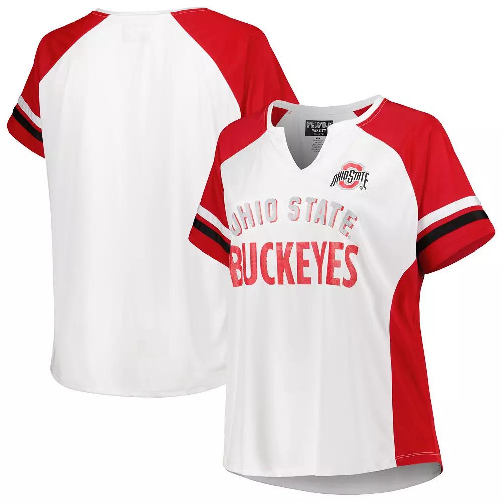 Women's White Ohio State Buckeyes Plus Size Stripe Raglan Notch Neck T-Shirt, Size: 3XL Product Image