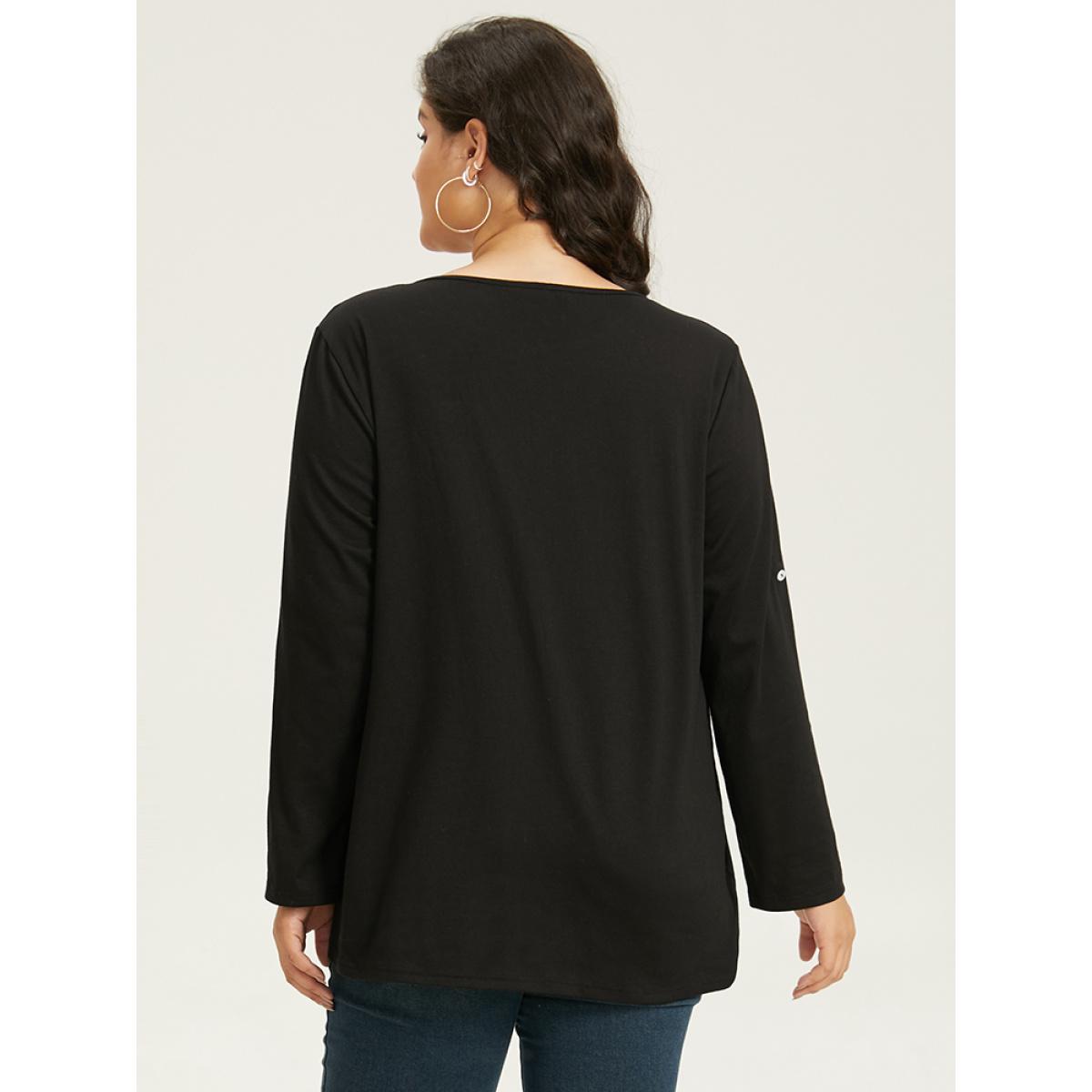Plus Size Plain Button Up Tab Sleeve T-shirt Black Women Casual Plain Plain Round Neck Dailywear T-shirts BloomChic 12/L Product Image