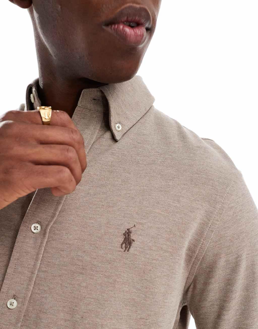 Polo Ralph Lauren icon logo pique shirt in heathered brown Product Image