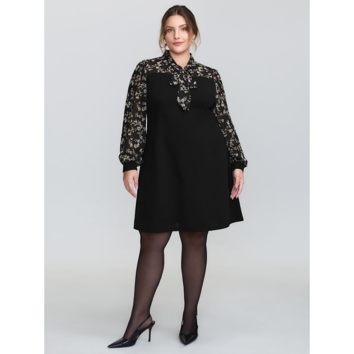 Plus Size Floral Print Ribbon Neck-Tie Knee Dress Black Women Timeless Ribbon-tied collar Long Sleeve Curvy BloomChic 22-24/3X Product Image