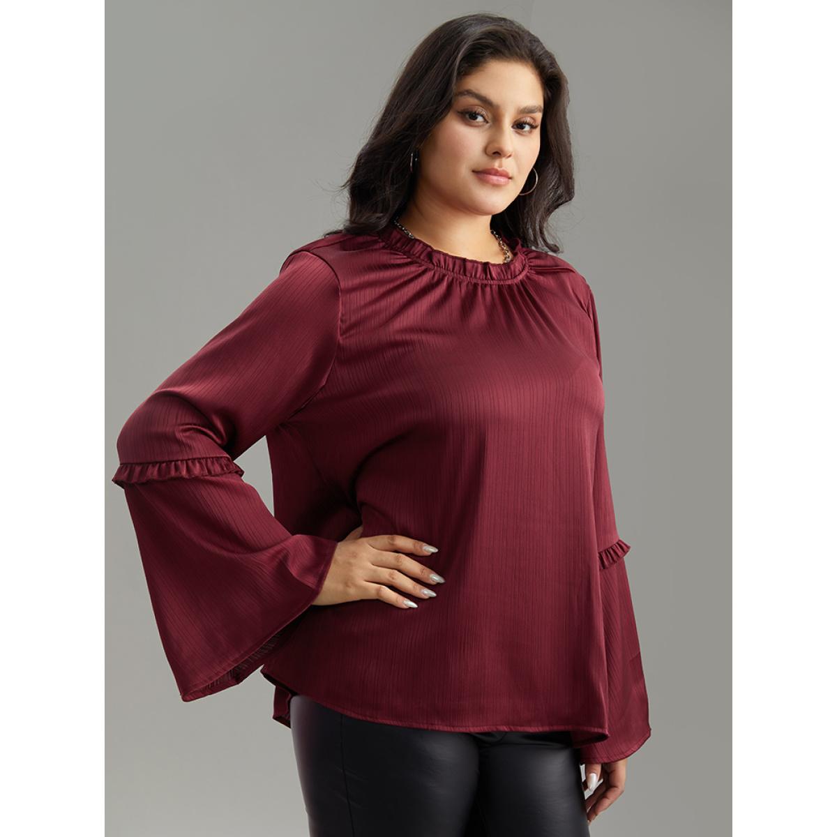 Plus Size Scarlet Plain Frill Trim Bell Sleeve Blouse Women Elegant Long Sleeve Round Neck Dailywear Blouses BloomChic 22-24/3X Product Image