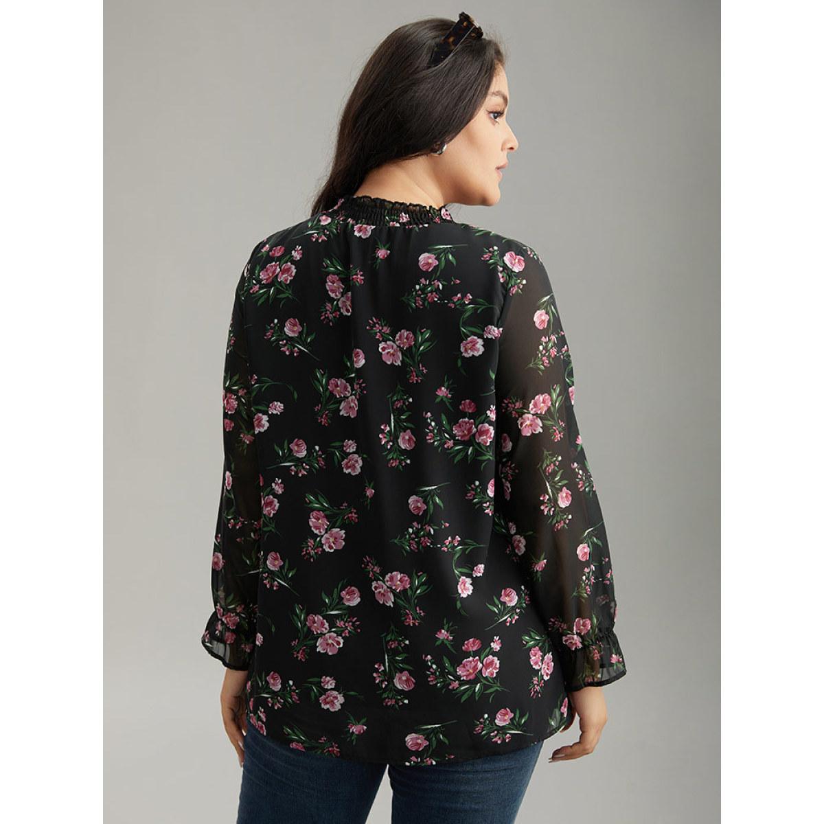 Plus Size Black Chiffon Floral Frill Trim Mesh Patchwork Blouse Women Elegant Long Sleeve Round Neck Dailywear Blouses BloomChic 22-24/3X Product Image