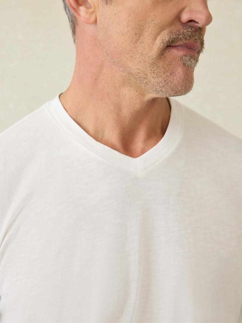 Short-Sleeve Sunwashed Regenerative Cotton V-Neck Tee - White Product Image