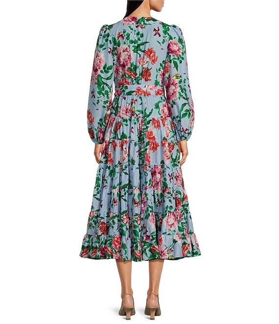 Gibson & Latimer Woven Floral Print Poplin V-Neck Long Blouson Sleeve Tie at Side Wrap A-Line Flounce Midi Dress Product Image