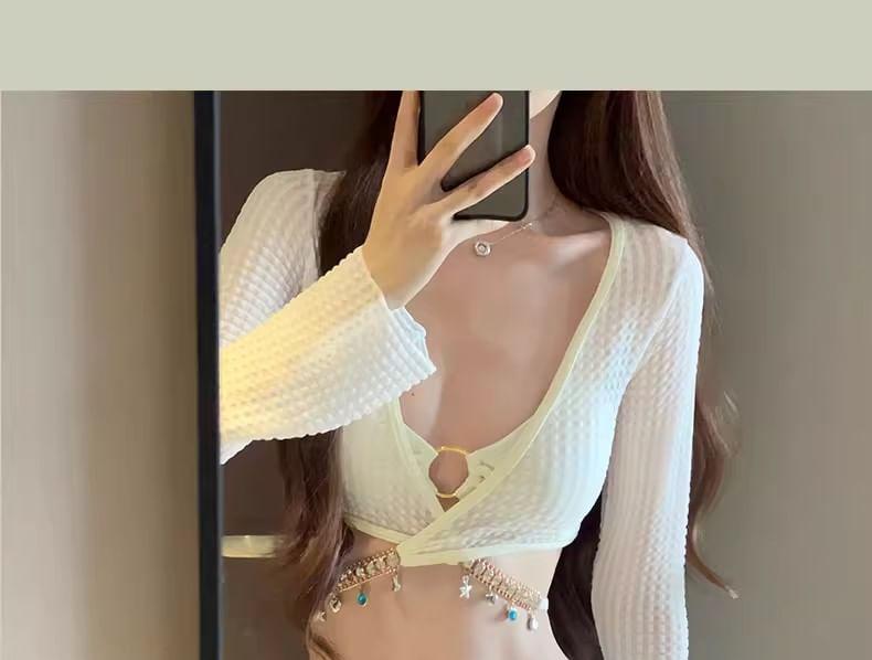 Set: Plain Bikini + Long-Sleeve V-Neck Criss Cross Top + Drawstring Cover Up Skirt Product Image