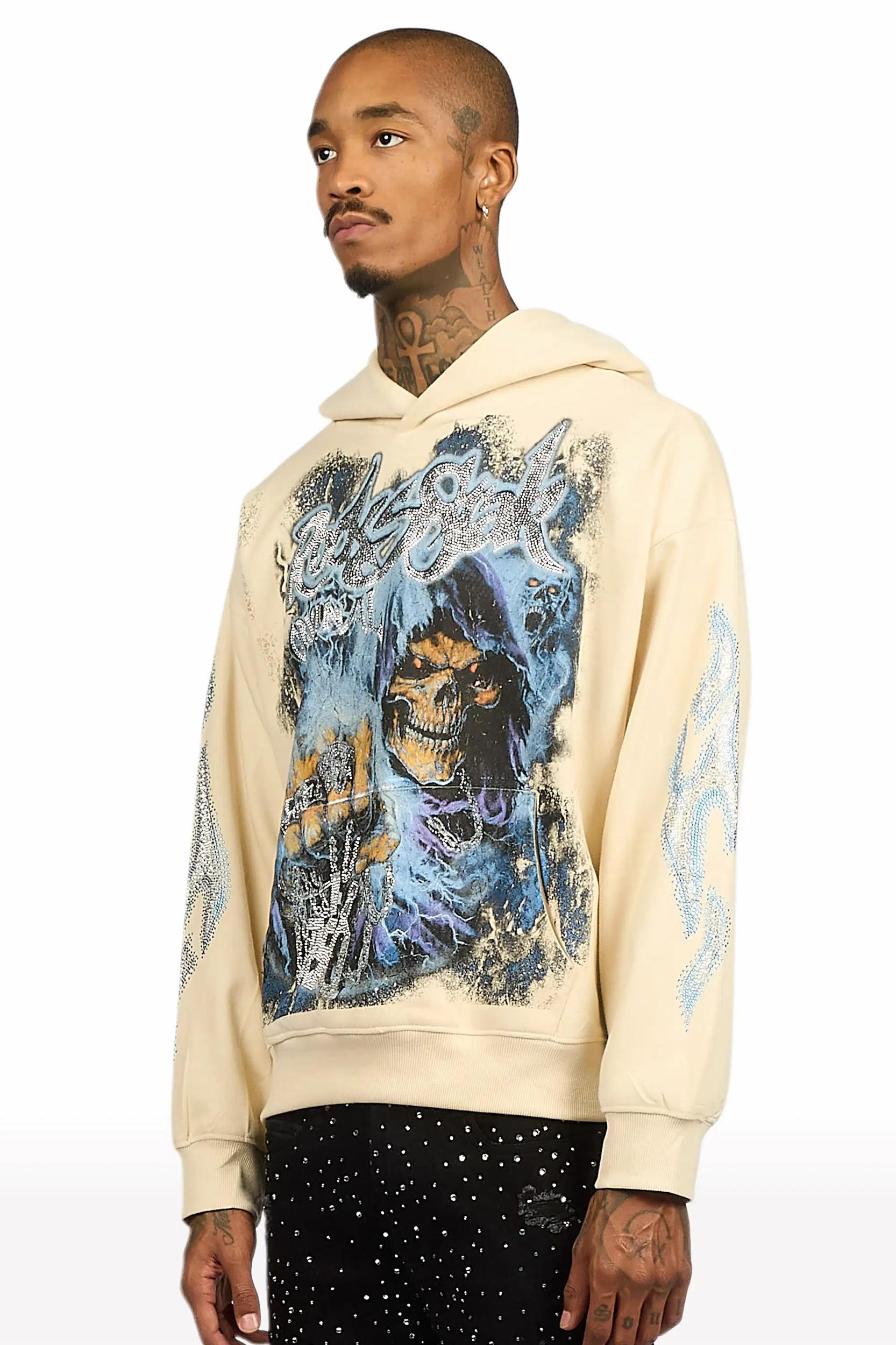 Kovari Beige Rhinestone Oversized Hoodie Male Product Image