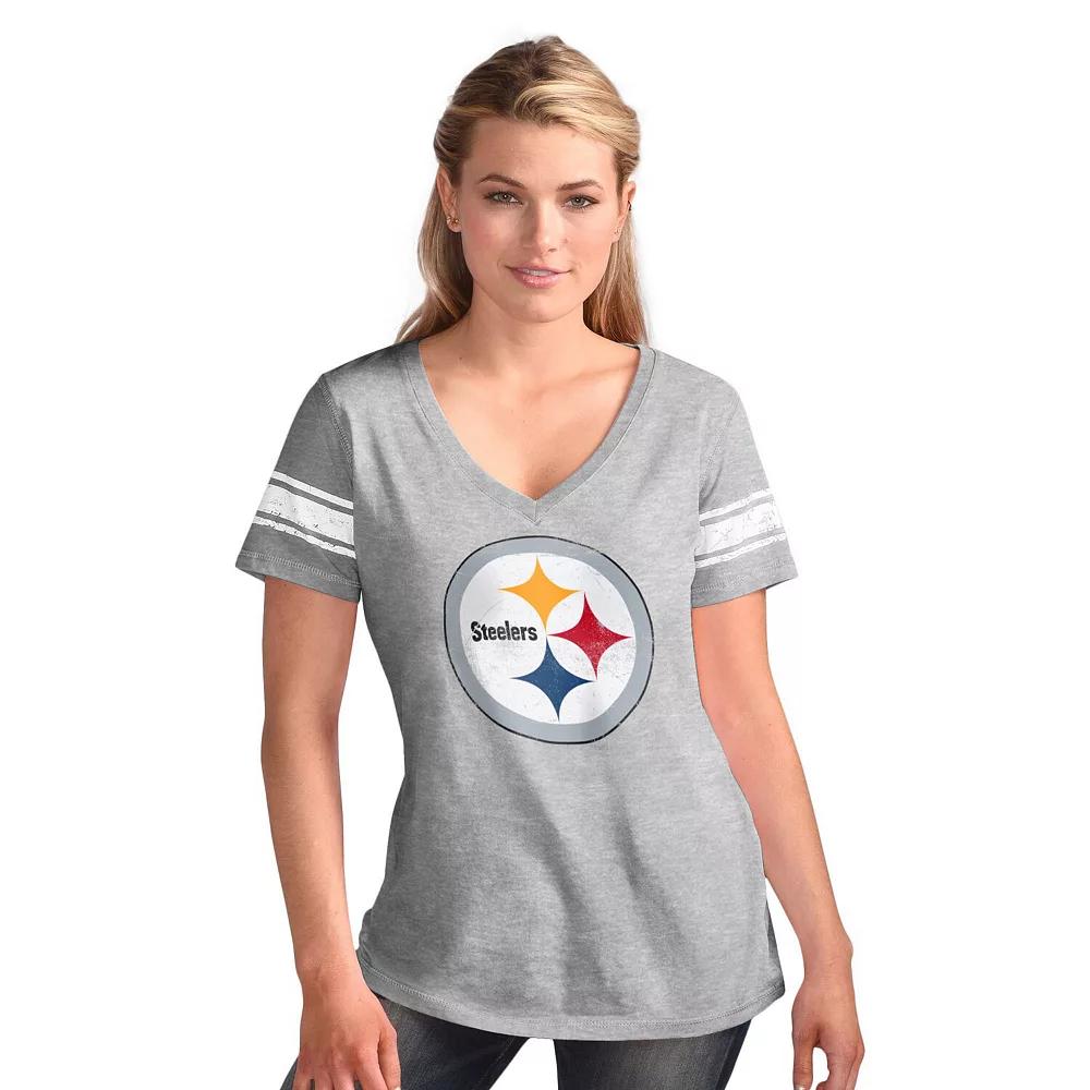 Women's G-III 4Her by Carl Banks Heather Gray Pittsburgh Steelers First Pick Distressed V-Neck T-Shirt,  Product Image