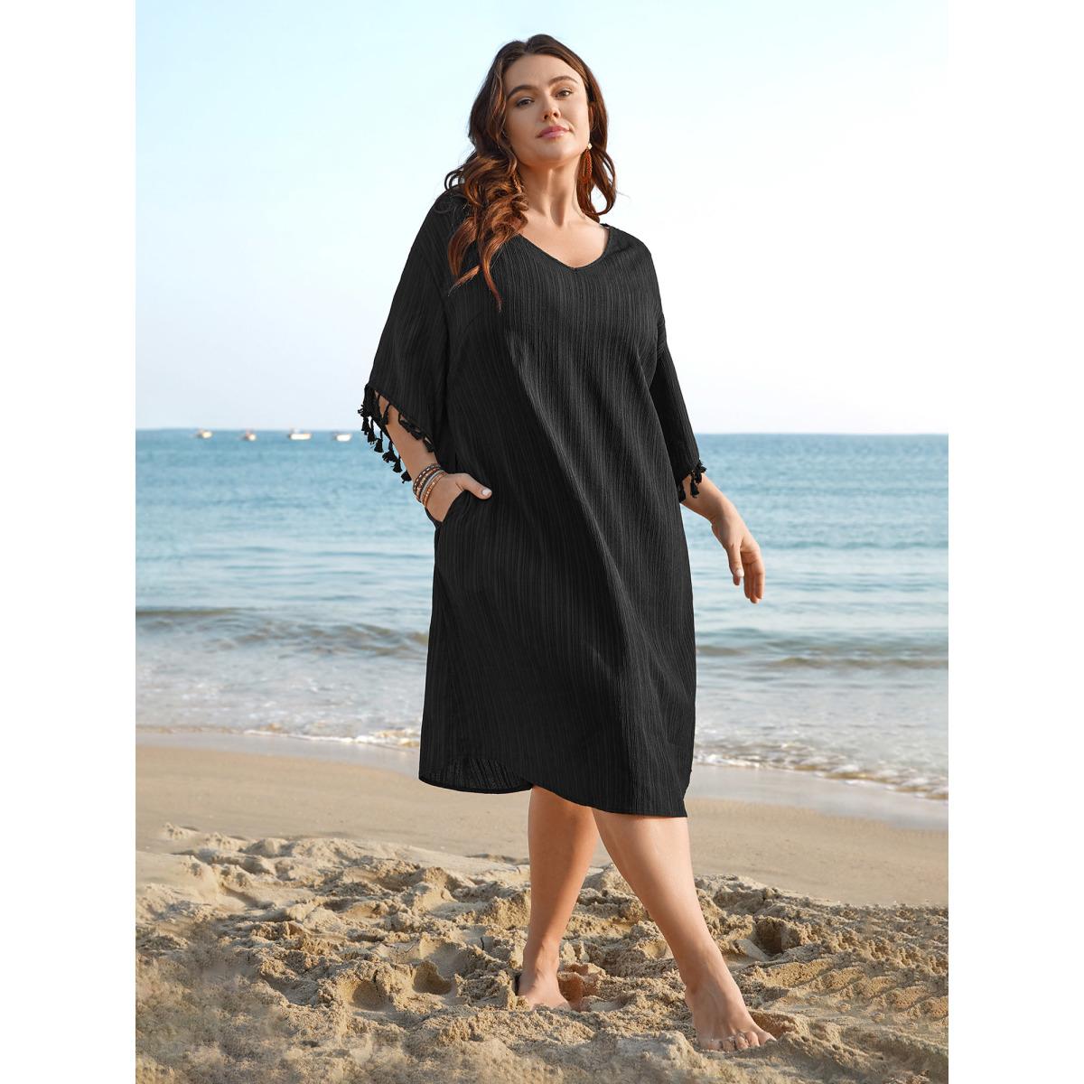 Plus Size V-Neck Cut-Out Tassels Spliced Midi Dress Black Women Resort Woven ribbon&lace trim V-neck Elbow-length sleeve Curvy BloomChic 28/5X Product Image