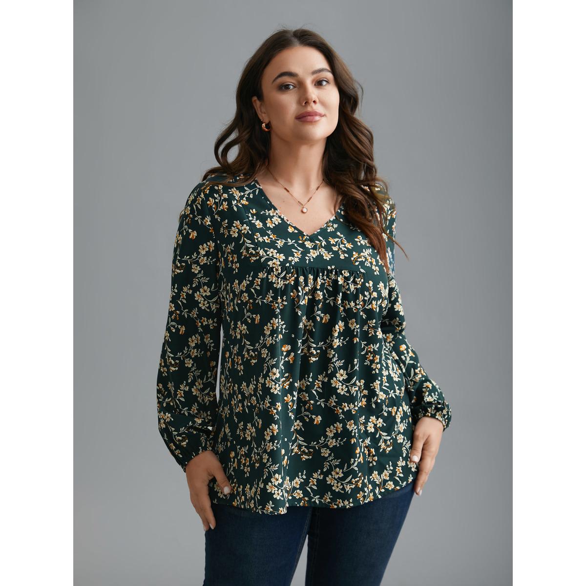 Plus Size DarkGreen Ditsy Floral Split Hem Gathered Blouse Women Elegant Extra Long Sleeve V-neck Everyday Blouses BloomChic 14-16/1X Product Image
