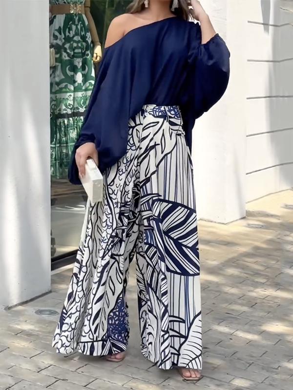 Loose Puff Sleeves Solid Color Off-The-Shoulder Blouses& Printed Pants Two Pieces Set Product Image