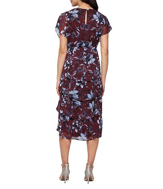 Ignite Evenings Floral Print Chiffon Tea Length Flutter Sleeve Tiered Dress Product Image