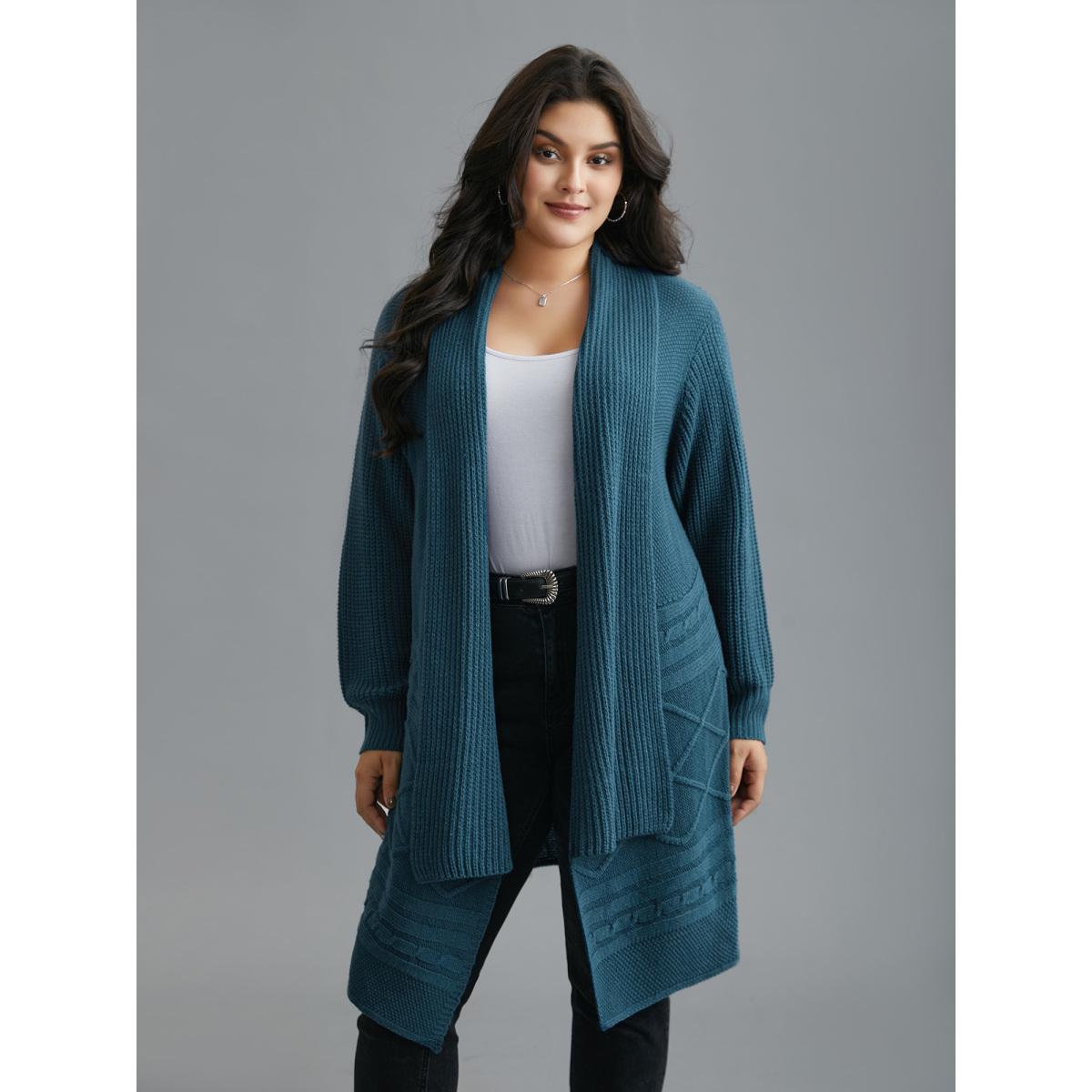 Plus Size Cable Knit Asymmetrical Hem Open-Front Cardigan Cyan Women Casual Loose Long Sleeve Everyday Cardigans BloomChic 28/5X Product Image
