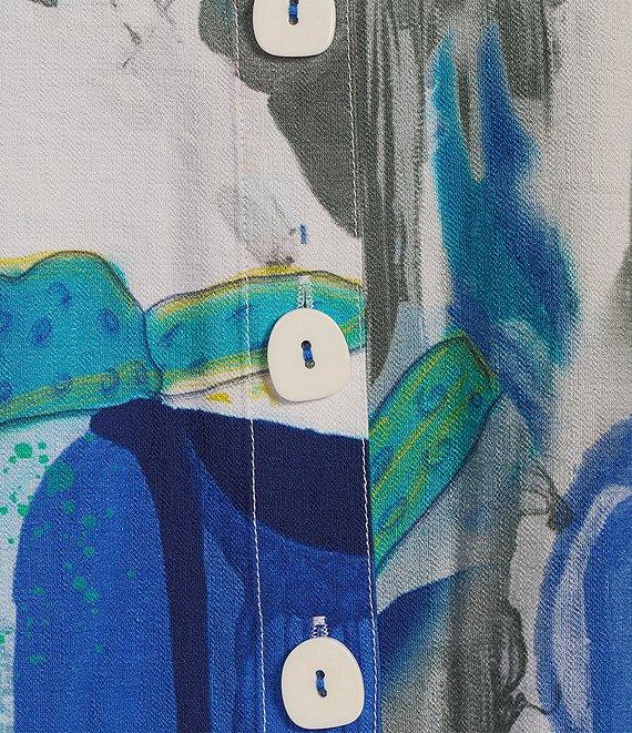 Ali Miles Petite Size Woven Abstract Print Wire Collar 3/4 Sleeve Button Front Tunic Product Image