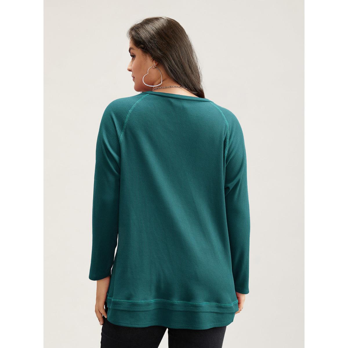 Plus Size Plain Textured Stitch Raglan Sleeve Sweatshirt Women Cyan Leisure Plain V-neck Casual Sweatshirts BloomChic 14-16/1X Product Image