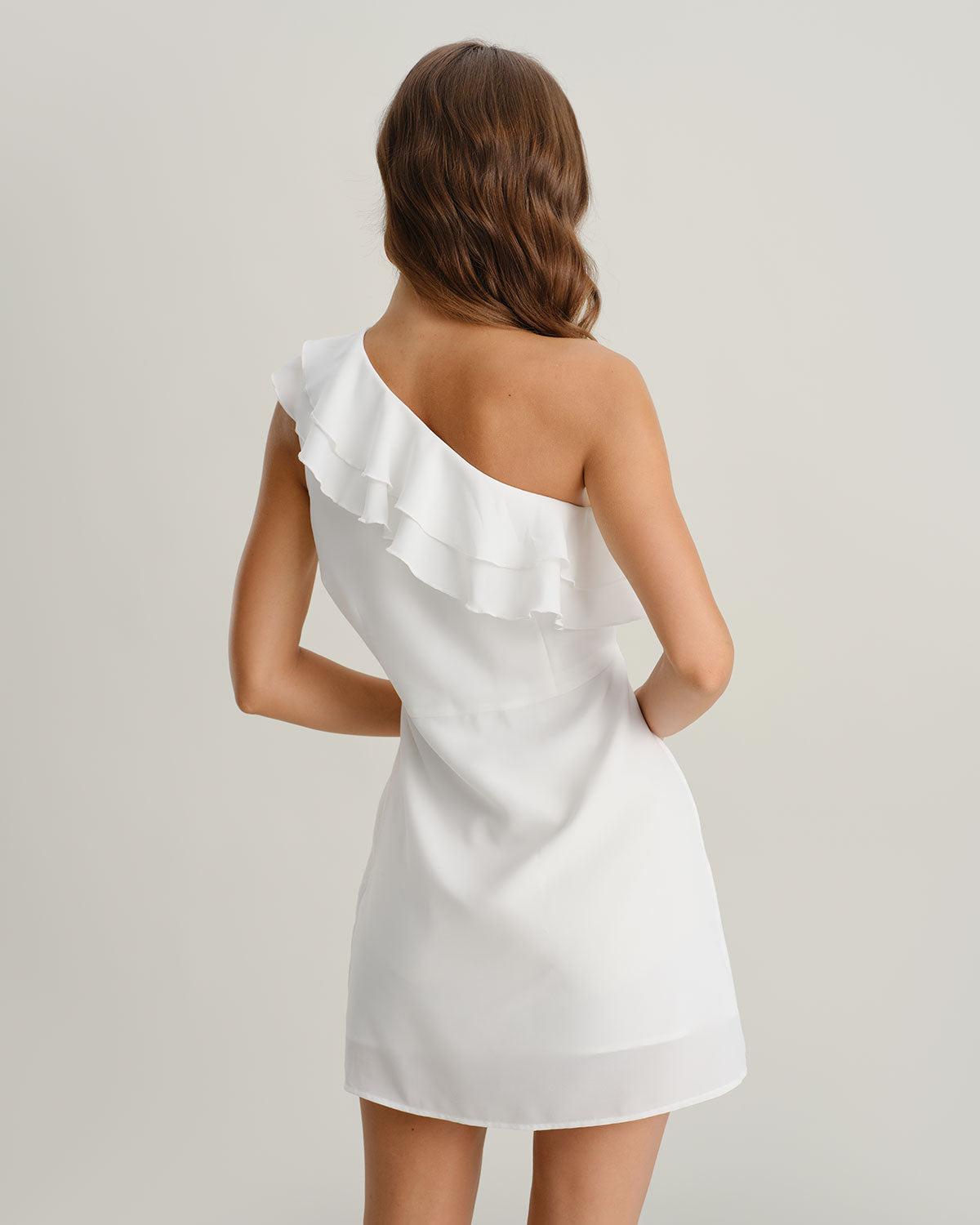 White Ruffle One Shoulder Mini Dress Product Image