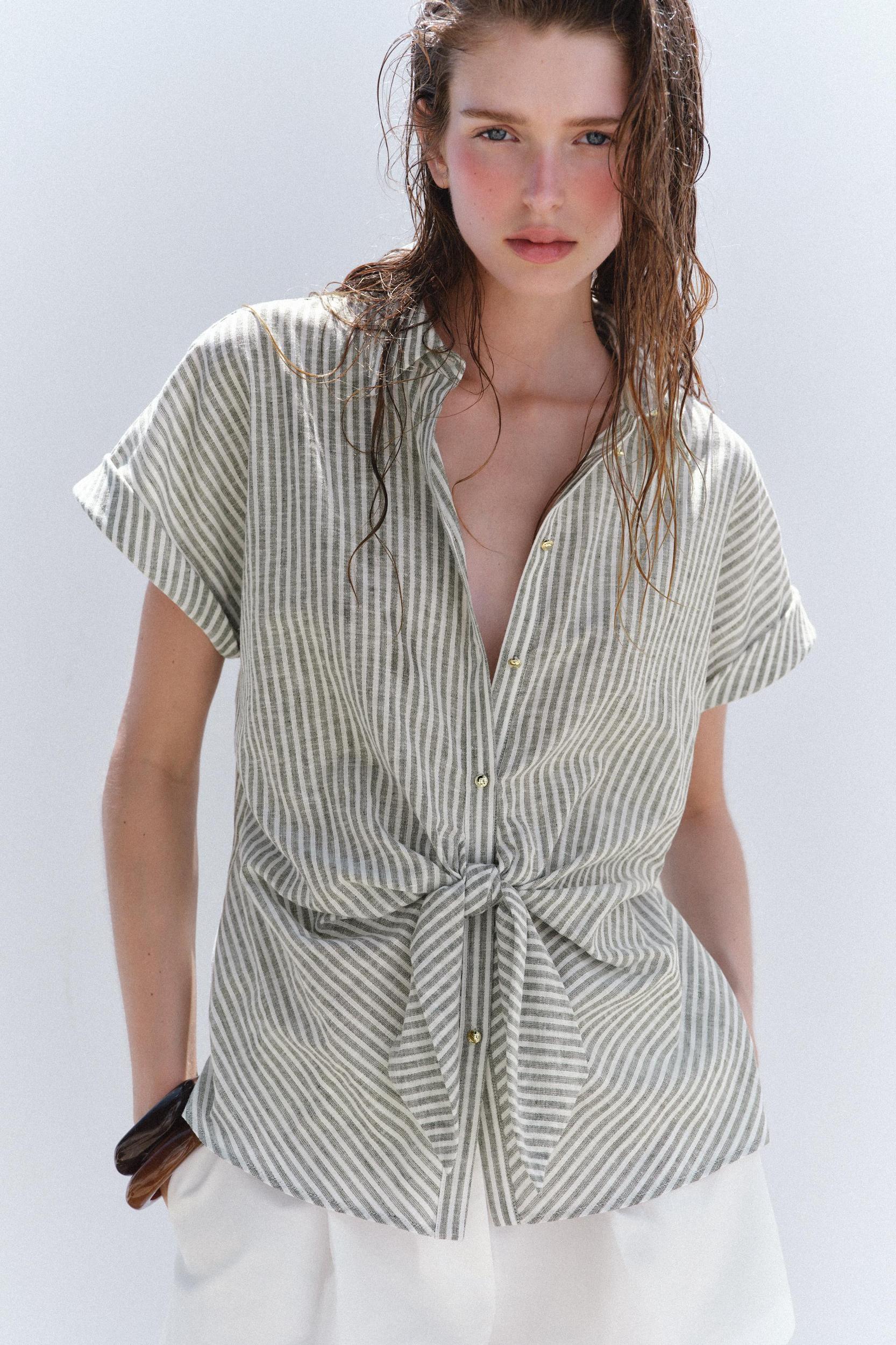 STRIPED KNOT LINEN SHIRT Product Image