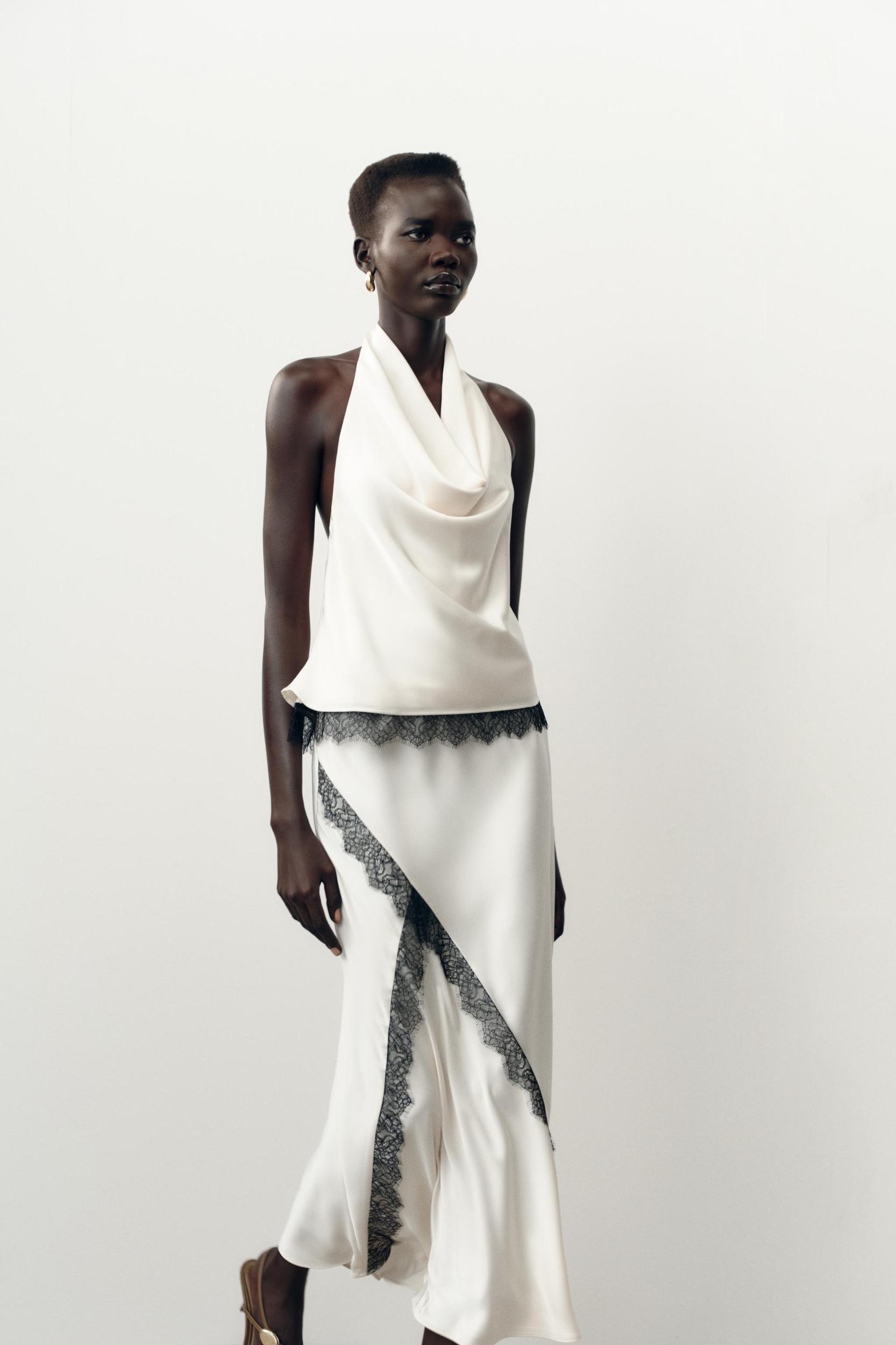 SATIN EFFECT LACE MIDI SKIRT Product Image