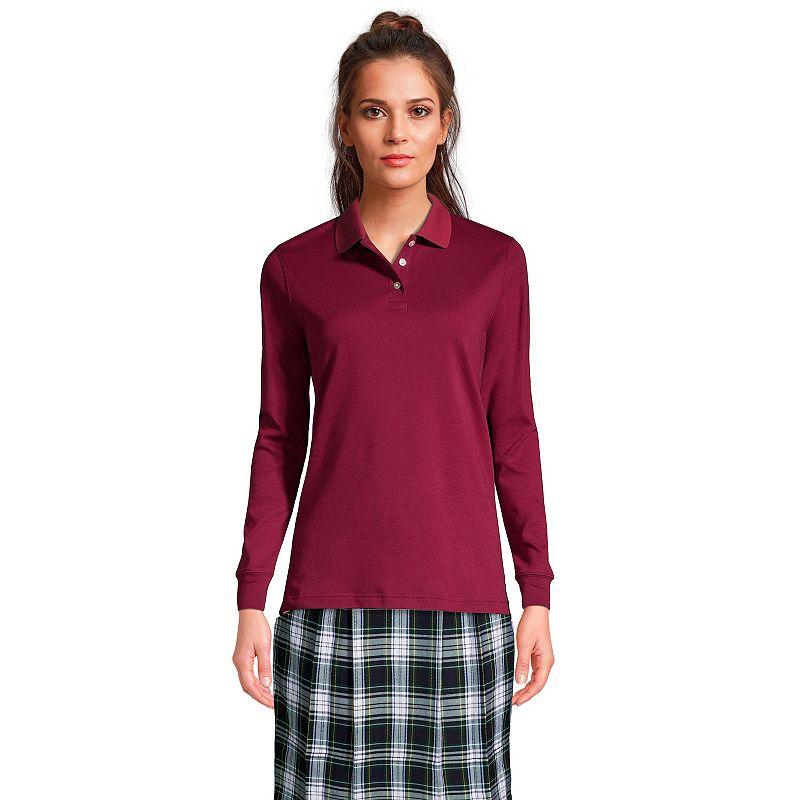 Women's Lands' End School Uniform Long Sleeve 3-Button Interlock Polo Shirt,  Product Image
