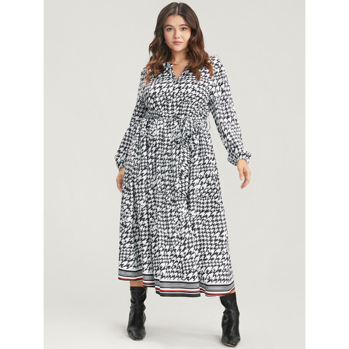 Plus Size Houndstooth Print Pocket Lantern Sleeve Belted Dress Black Women Elegant Pocket V-neck Long Sleeve Curvy Midi Dress BloomChic 10/M Product Image