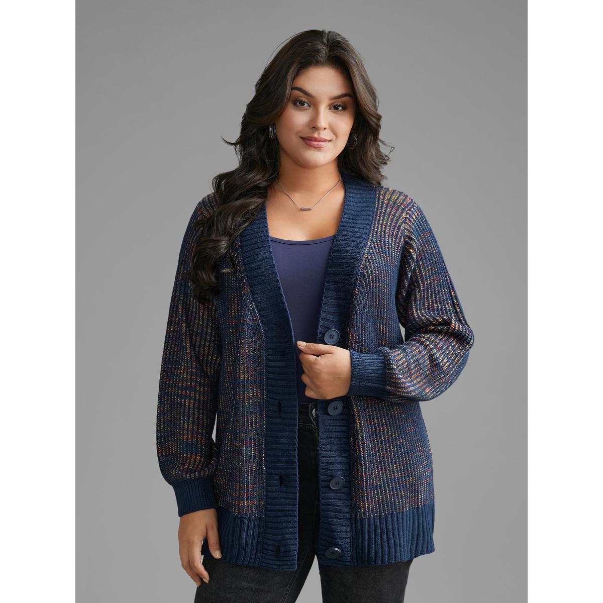 Plus Size Heather Textured Button Up Cardigan DarkBlue Women Casual Loose Long Sleeve Everyday Cardigans BloomChic 10/M Product Image