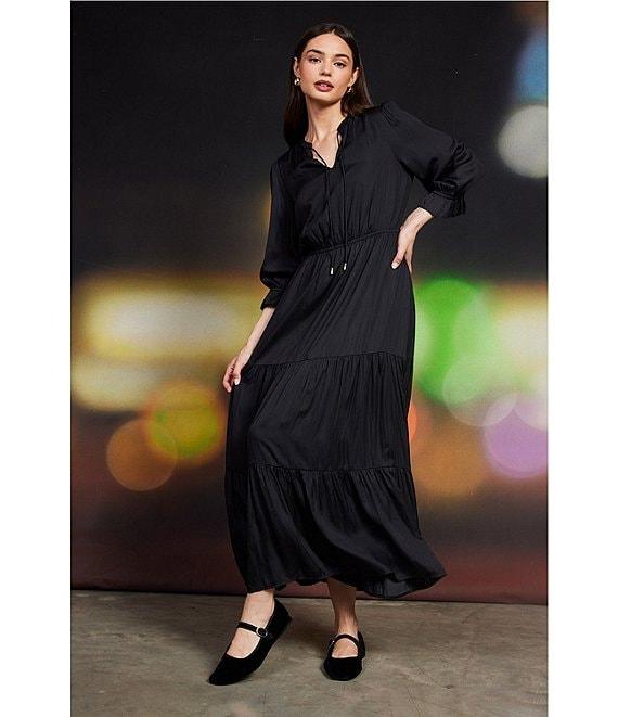 Skies Are Blue Split Tie Neck 3/4 Sleeve Tiered Ruffle Maxi Dress Product Image