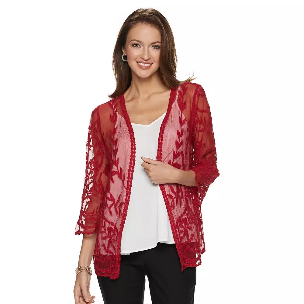 Women's Nina Leonard Floral Embroidered Mesh Long Bolero, Size: Medium, Nina Red Product Image