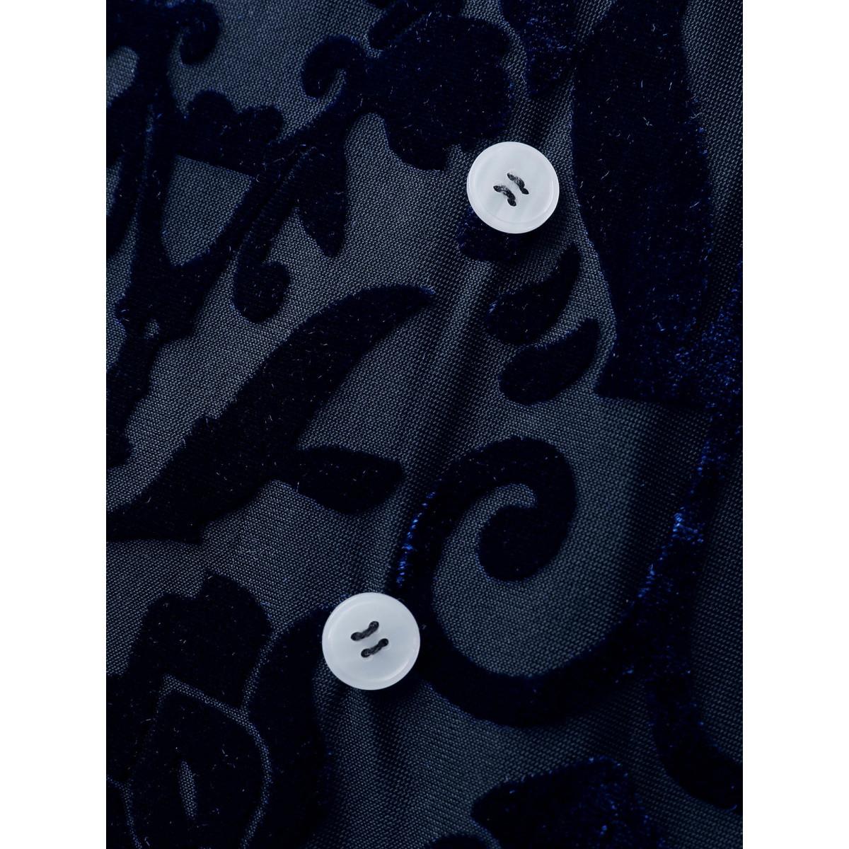 Plus Size Indigo Flocked Semi-Stretch Button Blouse Women Party&Cocktail Extra Long Sleeve Flat collar with V-notch Party Blouses BloomChic 30/6X Product Image