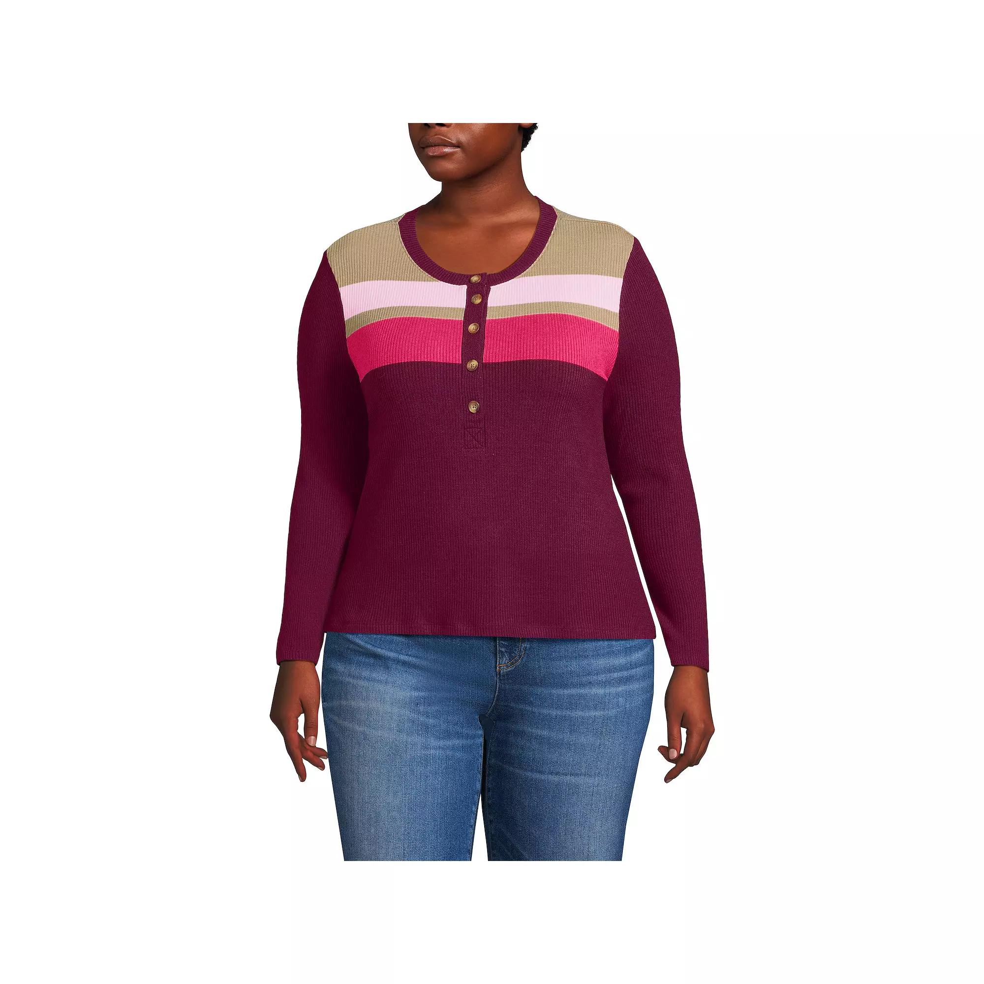 Plus Size Lands' End Long Sleeve Cozy Rib Henley Top, Women's, Size: 1XL, Rich Red Stripe Product Image