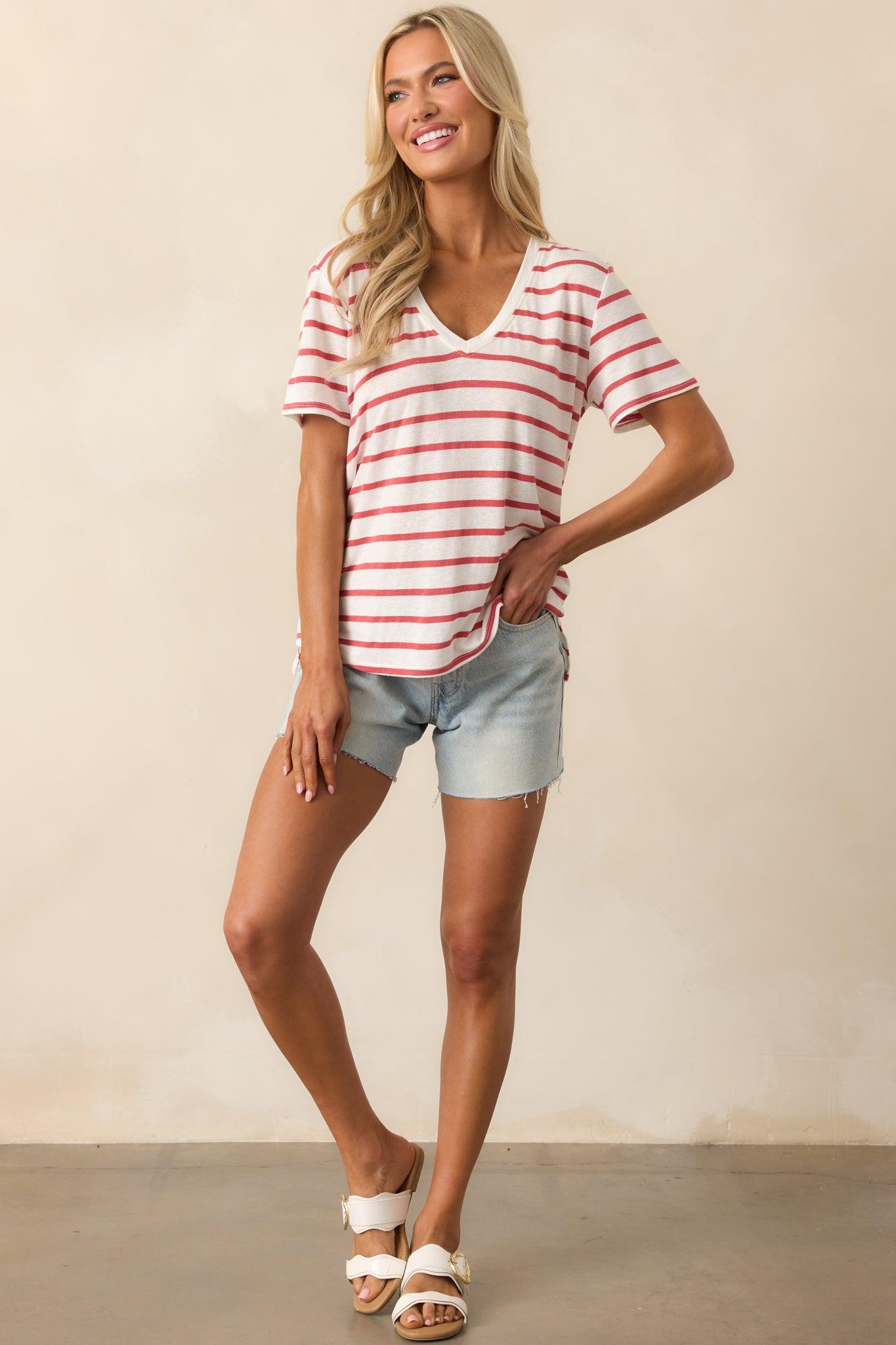 Comfort Zone Red Stripe Short Sleeve V-Neck Tee Product Image