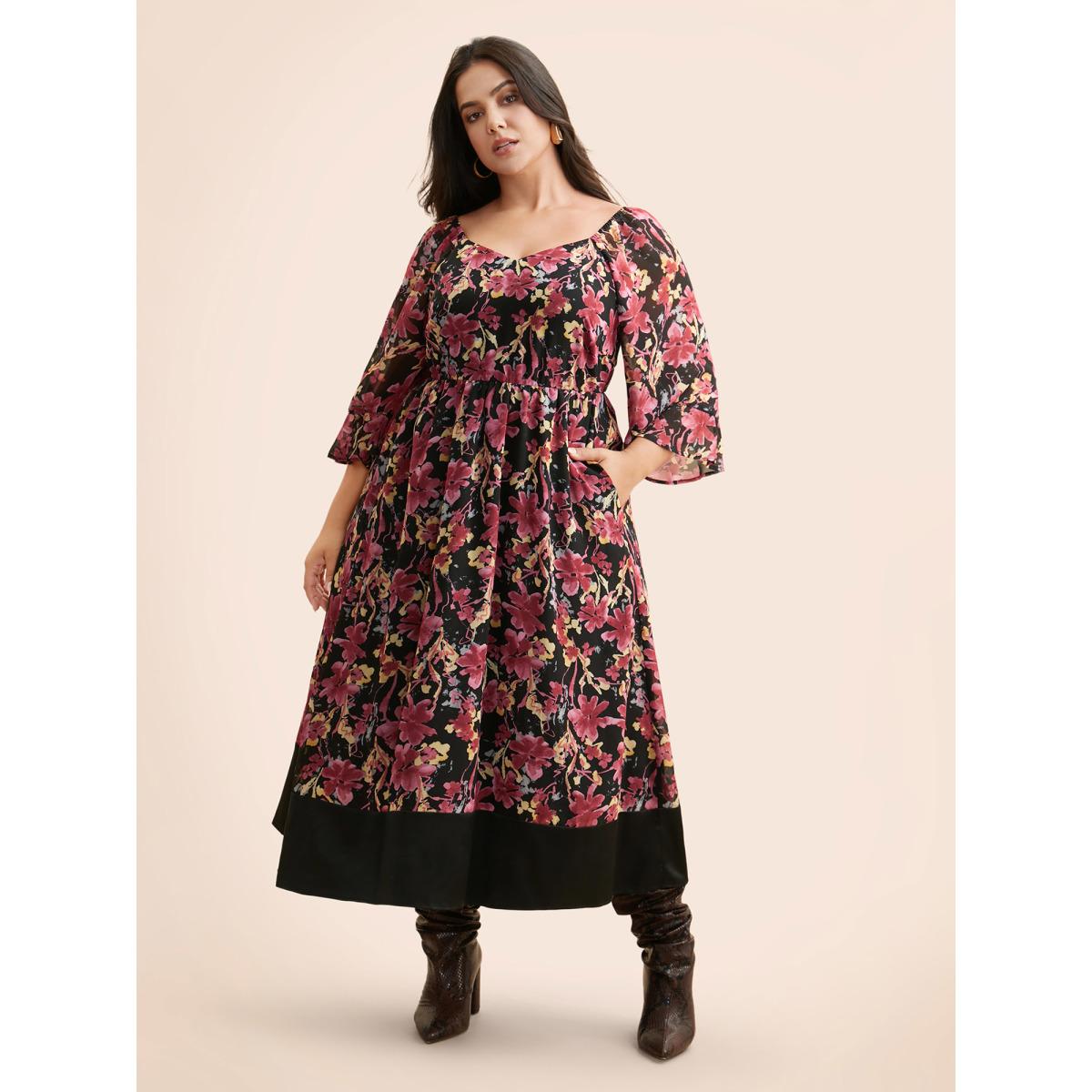 Plus Size Heart Neckline Floral Mesh Patchwork Dress Black Women Elegant See through Heart neckline Elbow-length sleeve Curvy BloomChic 28/5X Product Image