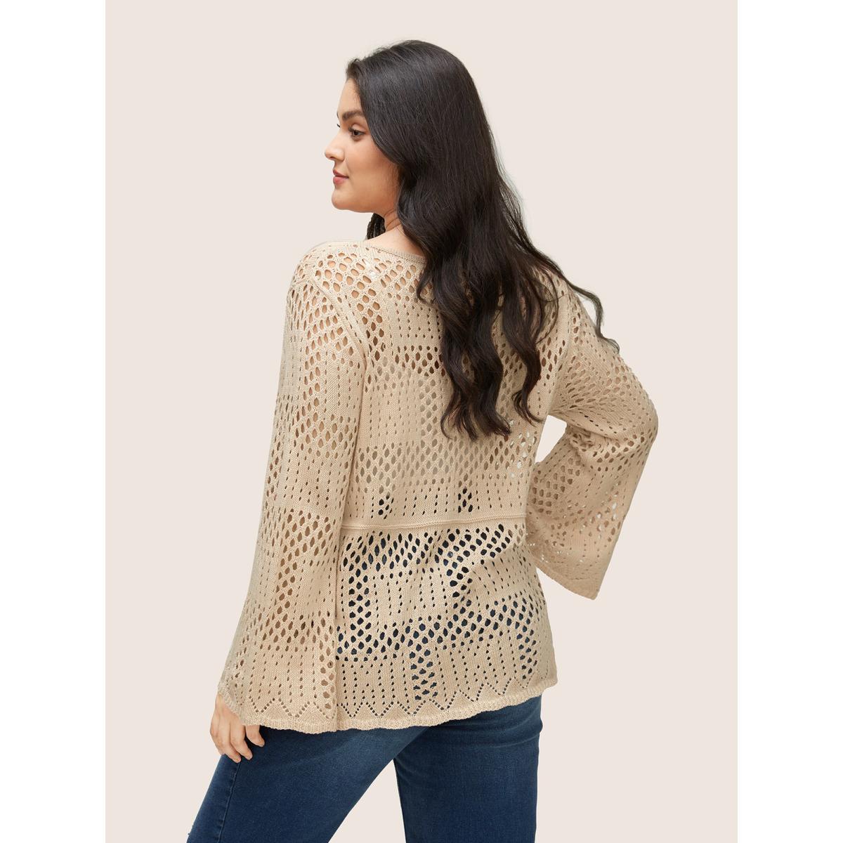 Plus Size Plain Cable Knit Scoop Neck Bell Sleeve Pullover Apricot Women Casual Long Sleeve Scoop Neck Everyday Pullovers BloomChic 10/M Product Image