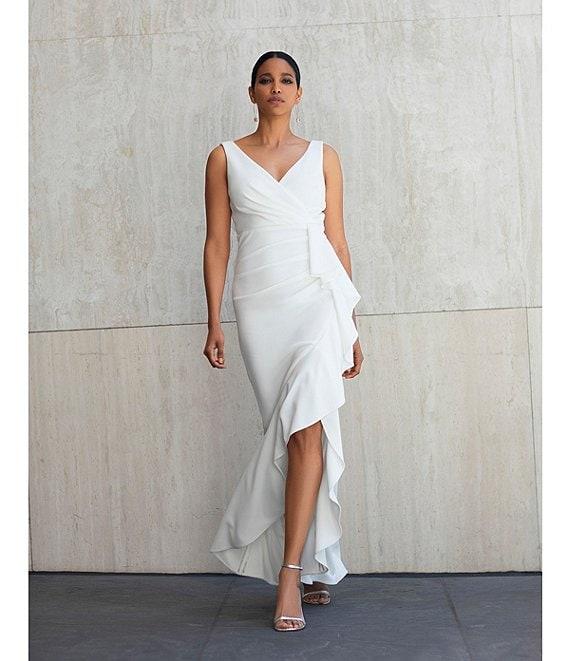 Betsy & Adam Sleeveless V-Neck Spiral Ruffle Cascade Gown Product Image