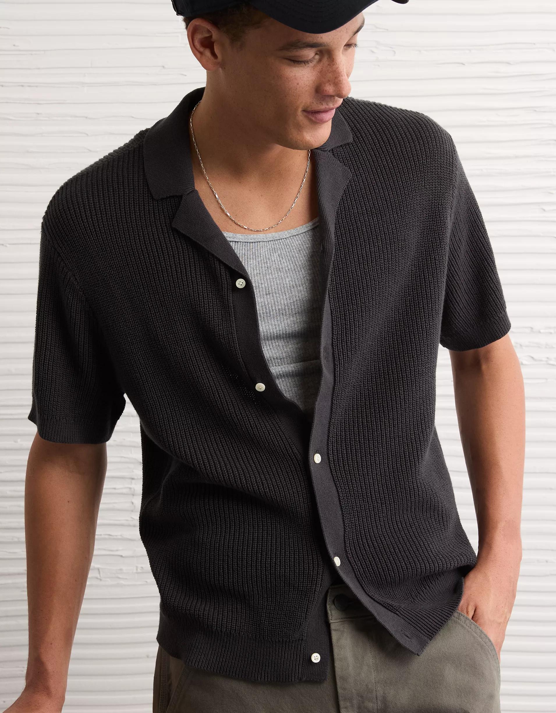 AE Shaker Button-Up Sweater Polo Shirt Product Image