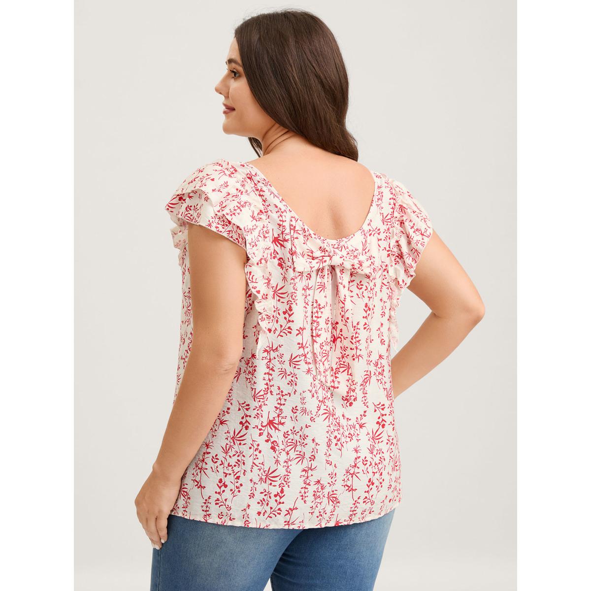 Plus Size Brightred Sweet Floral Bow Back Flutter Blouse Women Timeless Cap Sleeve Square Neck Elegant Blouses BloomChic 10/M Product Image