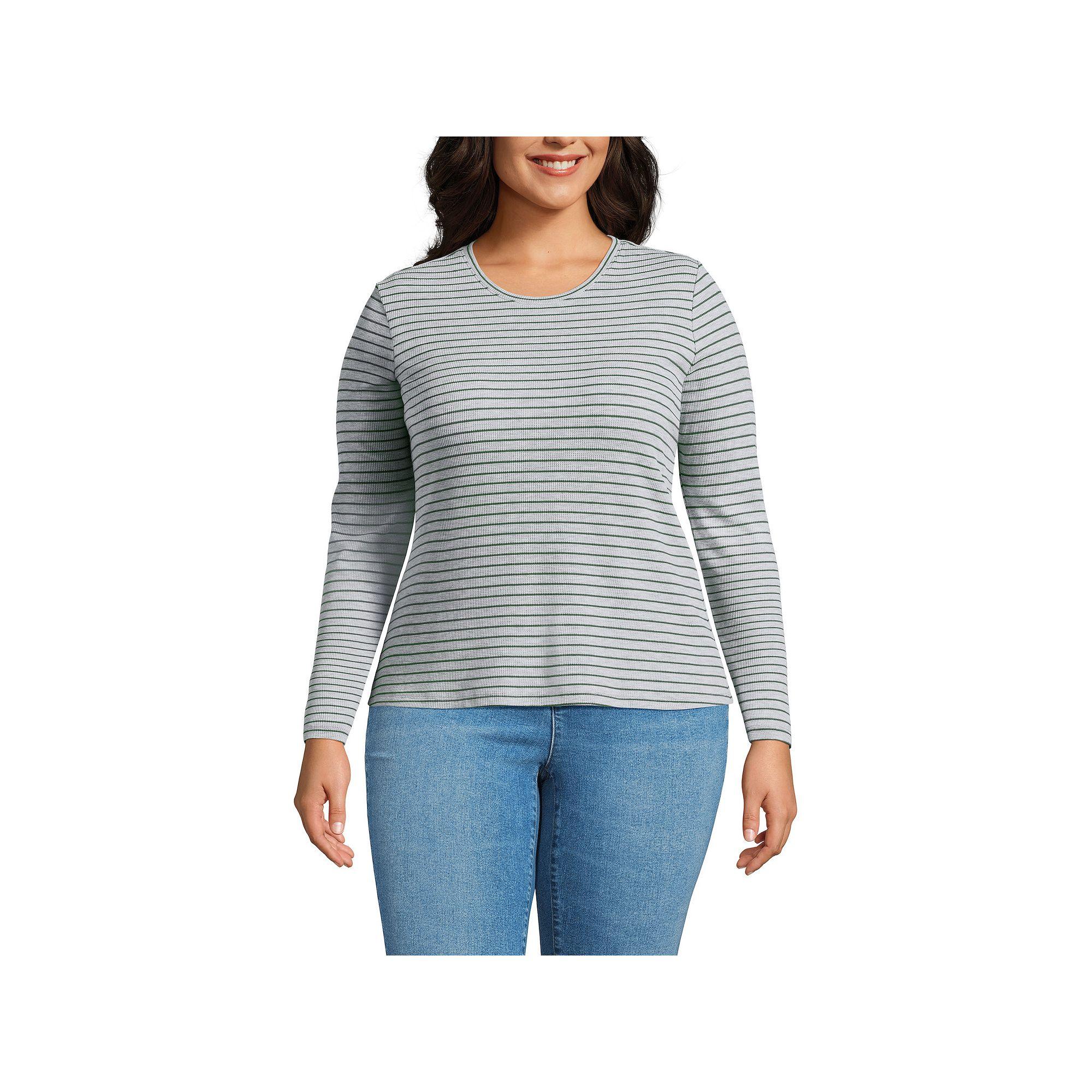 Plus Size Lands' End Long Sleeve Baby Waffle Crewneck T-Shirt, Women's, Size: 2XL, Gray Breton Stripe Product Image