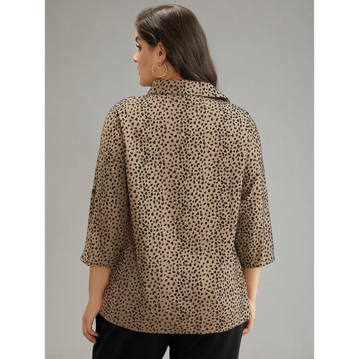 Plus Size Apricot Leopard Print Shirt Collar Button Through Blouse Women Office Elbow-length sleeve Shirt collar Office Blouses BloomChic 22-24/3X Product Image