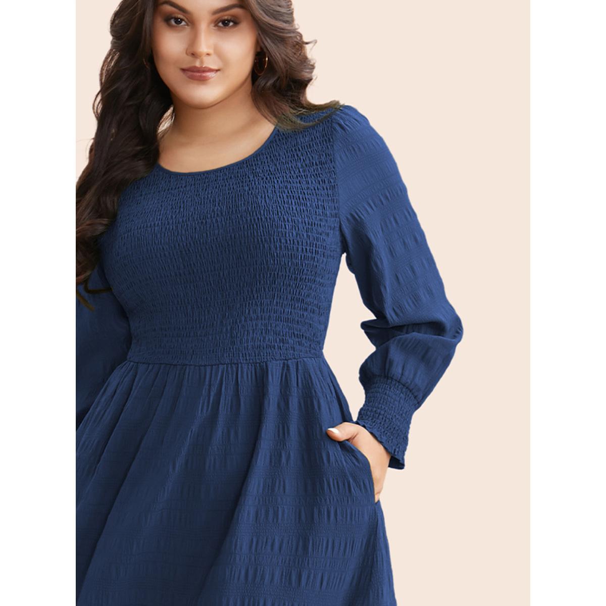 Plus Size Plain Textured Shirred Midi Dress Moss Women Timeless Texture Round Neck Long Sleeve Curvy BloomChic 30/6X Product Image