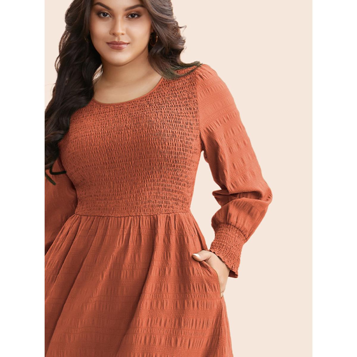 Plus Size Plain Textured Shirred Midi Dress Rust Women Elegant Texture Round Neck Long Sleeve Curvy BloomChic 14-16/1X Product Image