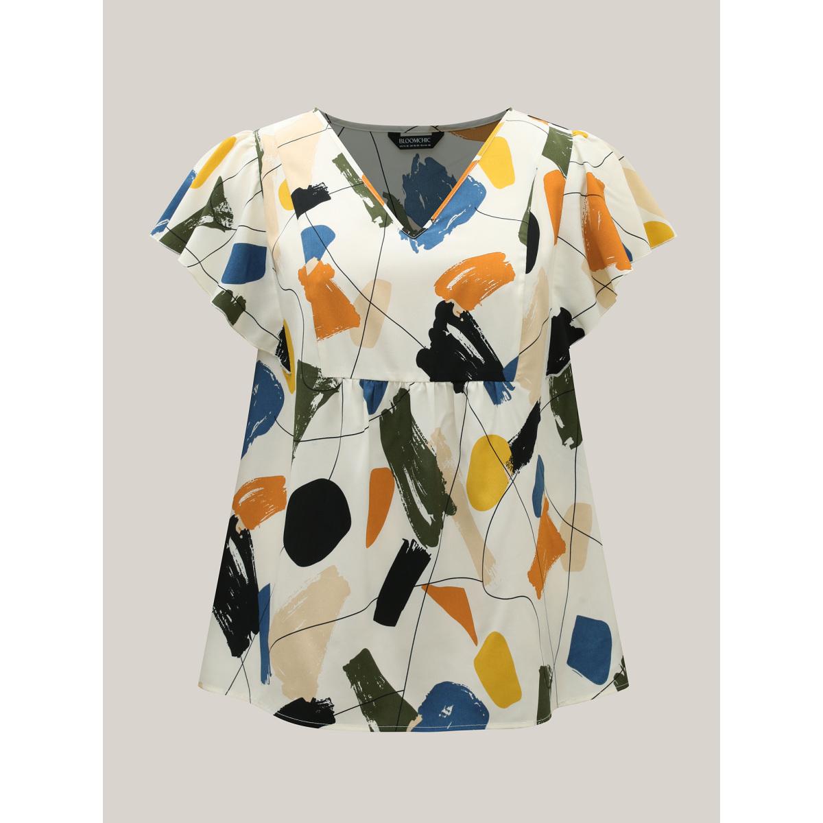 Plus Size Multicolor Brush Abstract Print Flounce Sleeve Blouse Women Short sleeve V-neck Everyday-Elegant Blouses BloomChic 22-24/3X Product Image