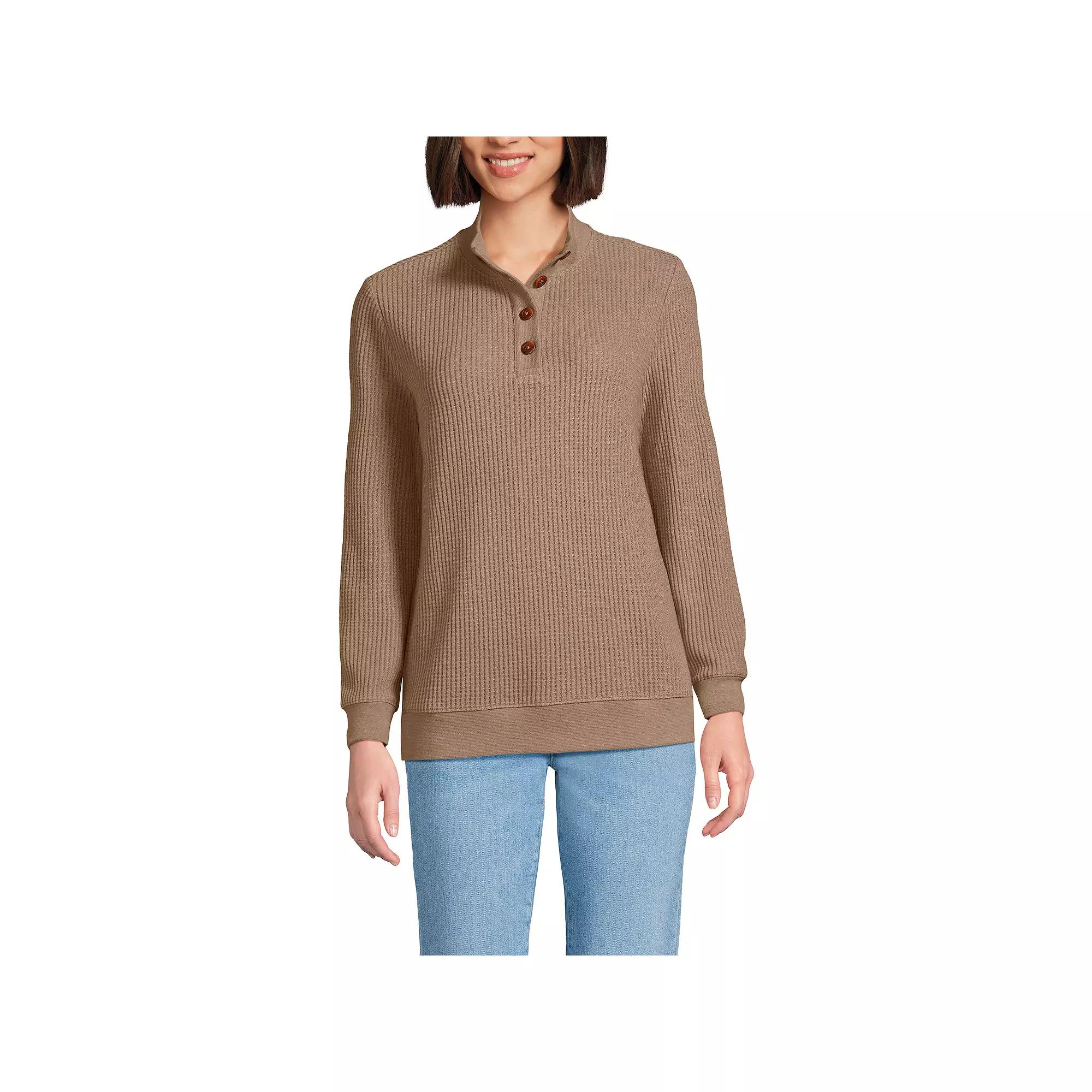 Women's Lands' End Long-Sleeve Waffle Knit Button Placket Top, Size: Large, Ivory Product Image