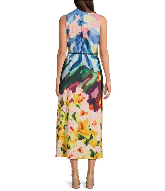 Anne Klein Scuba Floral Print Mock Neck Sleeveless Belted Fit and Flare Midi Dress Product Image