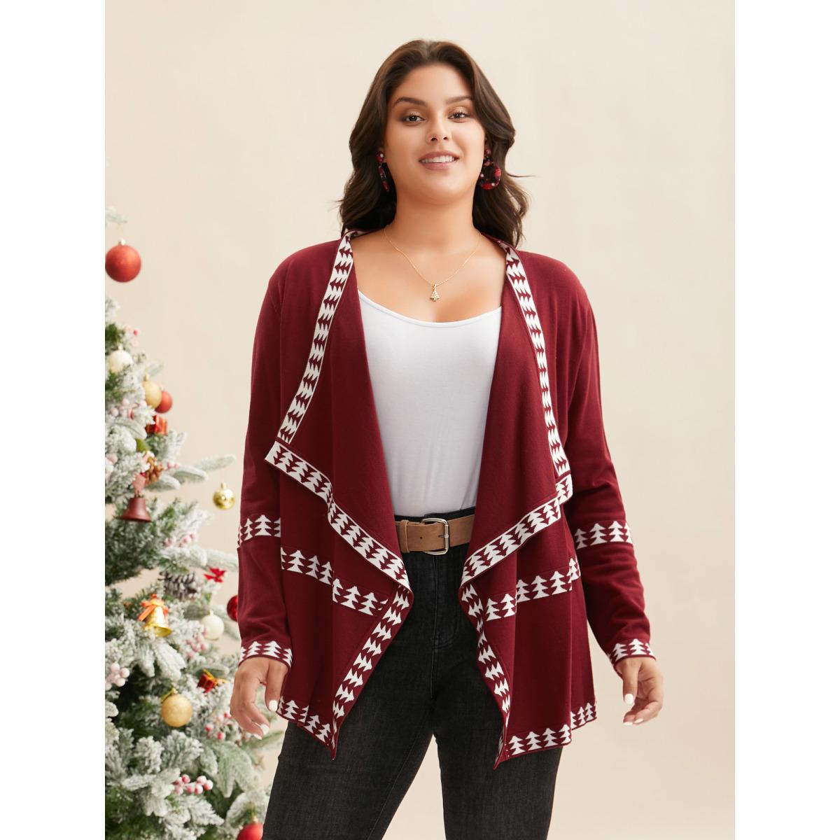 Plus Size Holiday Pattern Hem Lapel Collar Knit Cardigan Burgundy Women Casual Loose Long Sleeve Everyday Cardigans BloomChic 14-16/1X Product Image