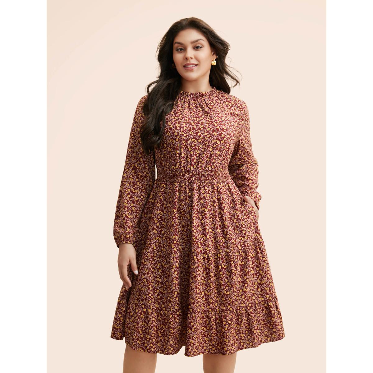 Plus Size Ditsy Floral Shirred Frill Trim Dress Burgundy Women Elegant Frill Trim Mock Neck Long Sleeve Curvy BloomChic 26/4X Product Image