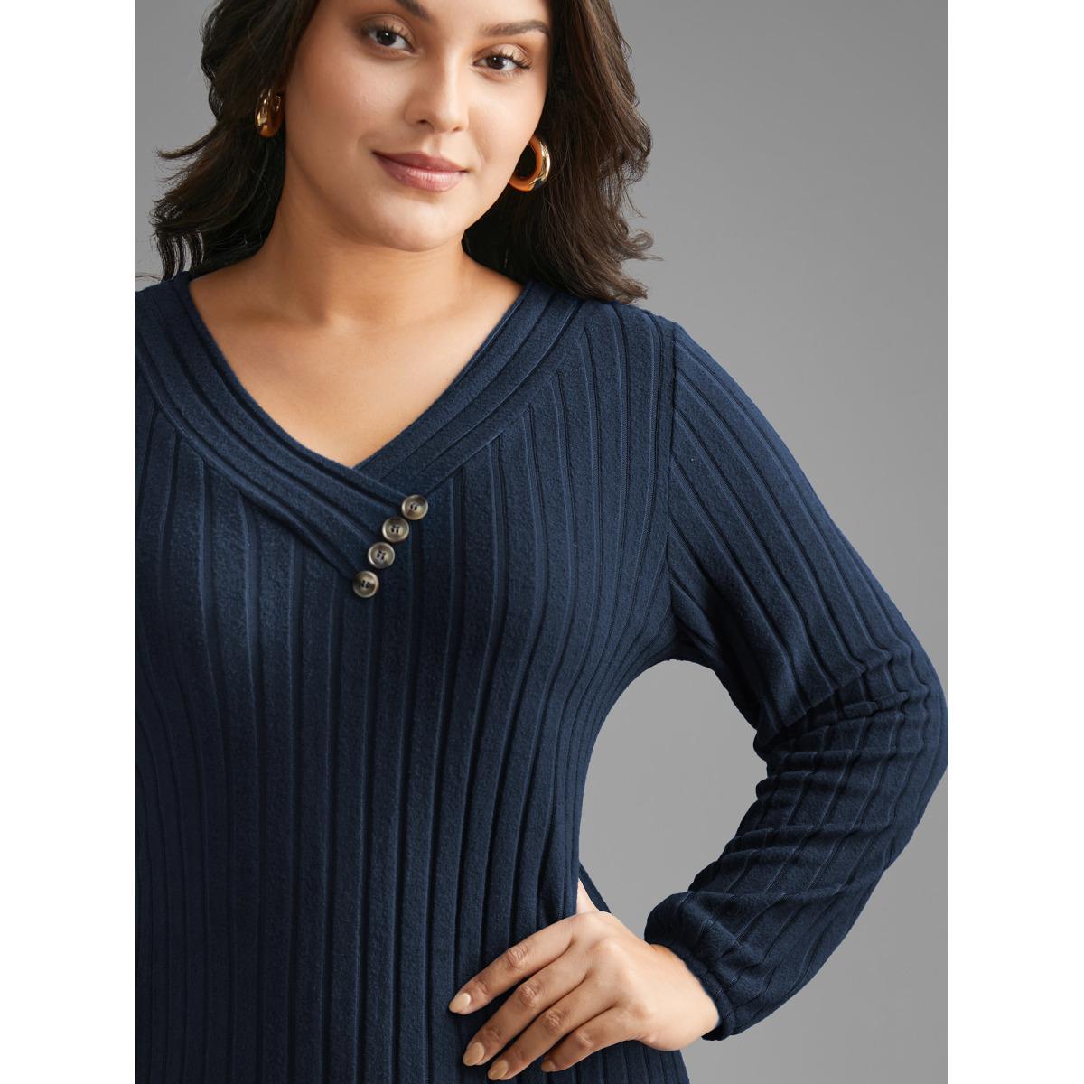Plus Size Plain Rib Knit Button Detail Dress DarkBlue Women Casual Texture Knit Dresses Bloomchic 10/M Product Image
