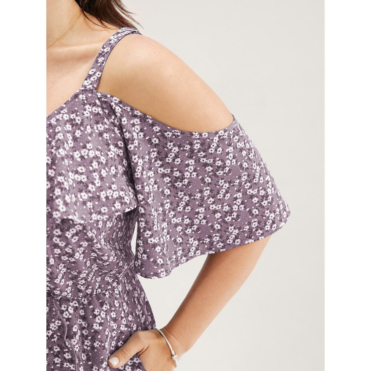 Plus Size Ditsy Floral Pocket Wrap Cold Shoulder Ruffle Dress Mauve Women Romantic Non Overlap Collar Short sleeve Curvy Midi Dress BloomChic 30/6X Product Image