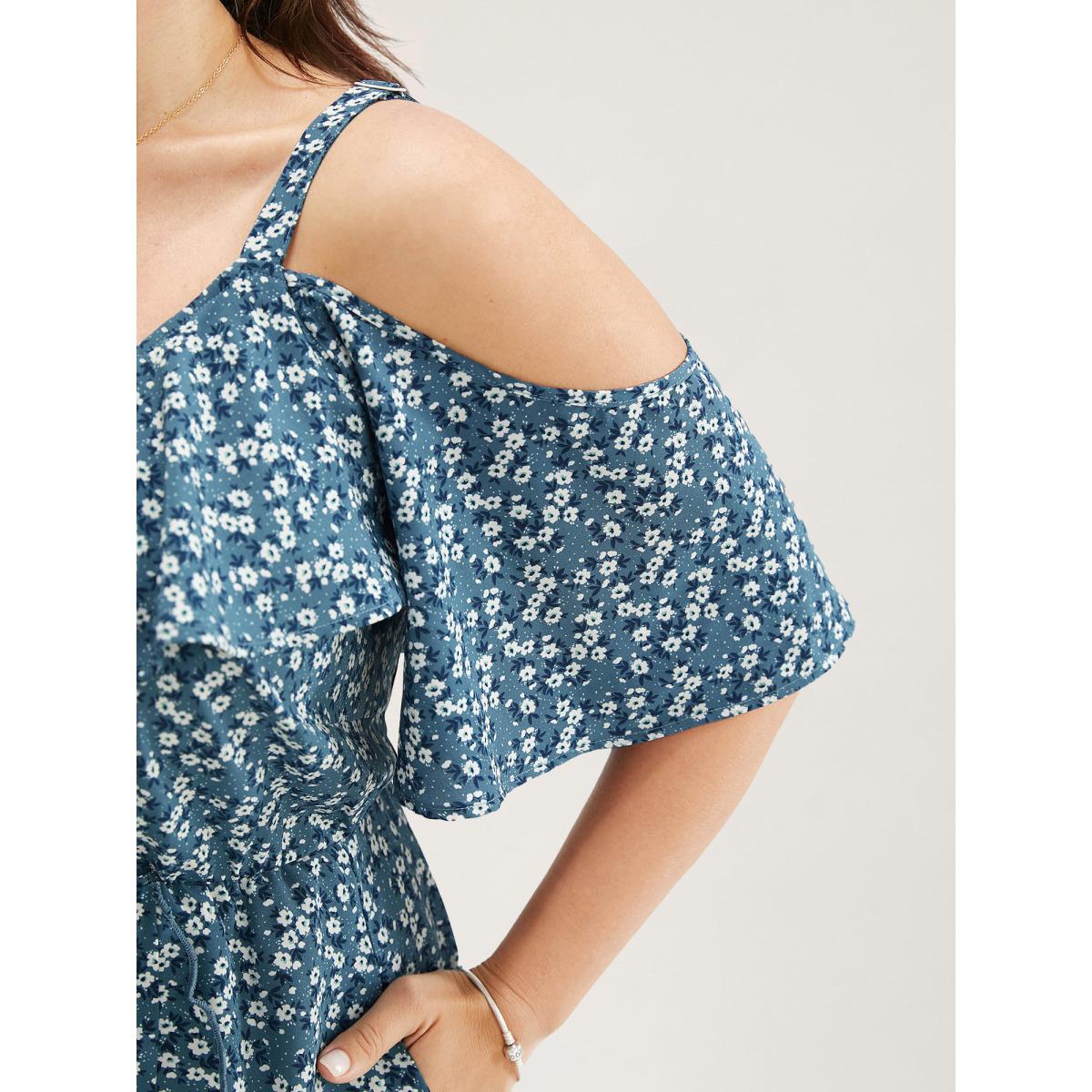 Plus Size Ditsy Floral Pocket Wrap Cold Shoulder Ruffle Dress Stone Women Romantic Non Overlap Collar Short sleeve Curvy Midi Dress BloomChic 12/L Product Image
