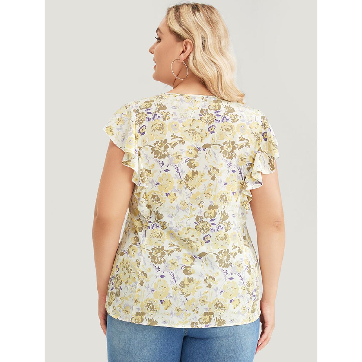 Plus Size White Floral Print V Neck Ruffle Trim Cap Sleeve Blouse Women Elegant Cap Sleeve V-neck Dailywear Blouses BloomChic 28/5X Product Image