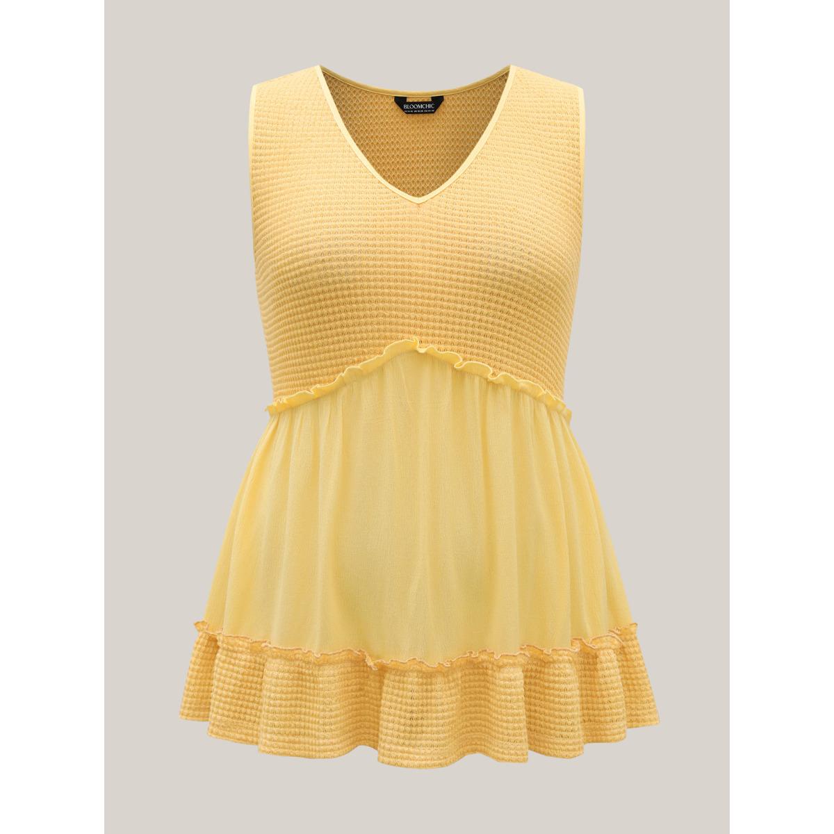 Plus Size Waffle Grid Spliced Ruffled Tank Top Women Lightyellow Texture V-neck Everyday-Casual Tank Tops Camis BloomChic 14-16/1X Product Image